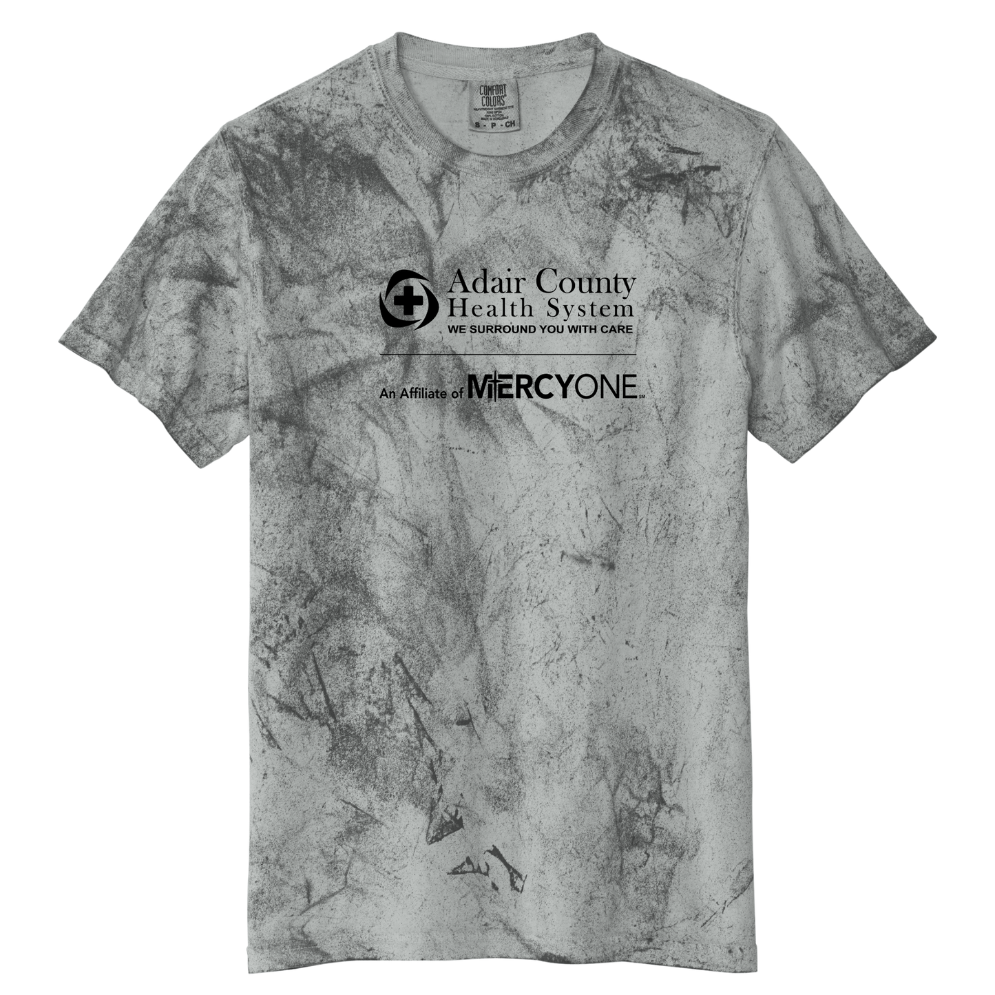 Gray tie dye t-shirt with Adair County Health System and MercyOne logo on a white background