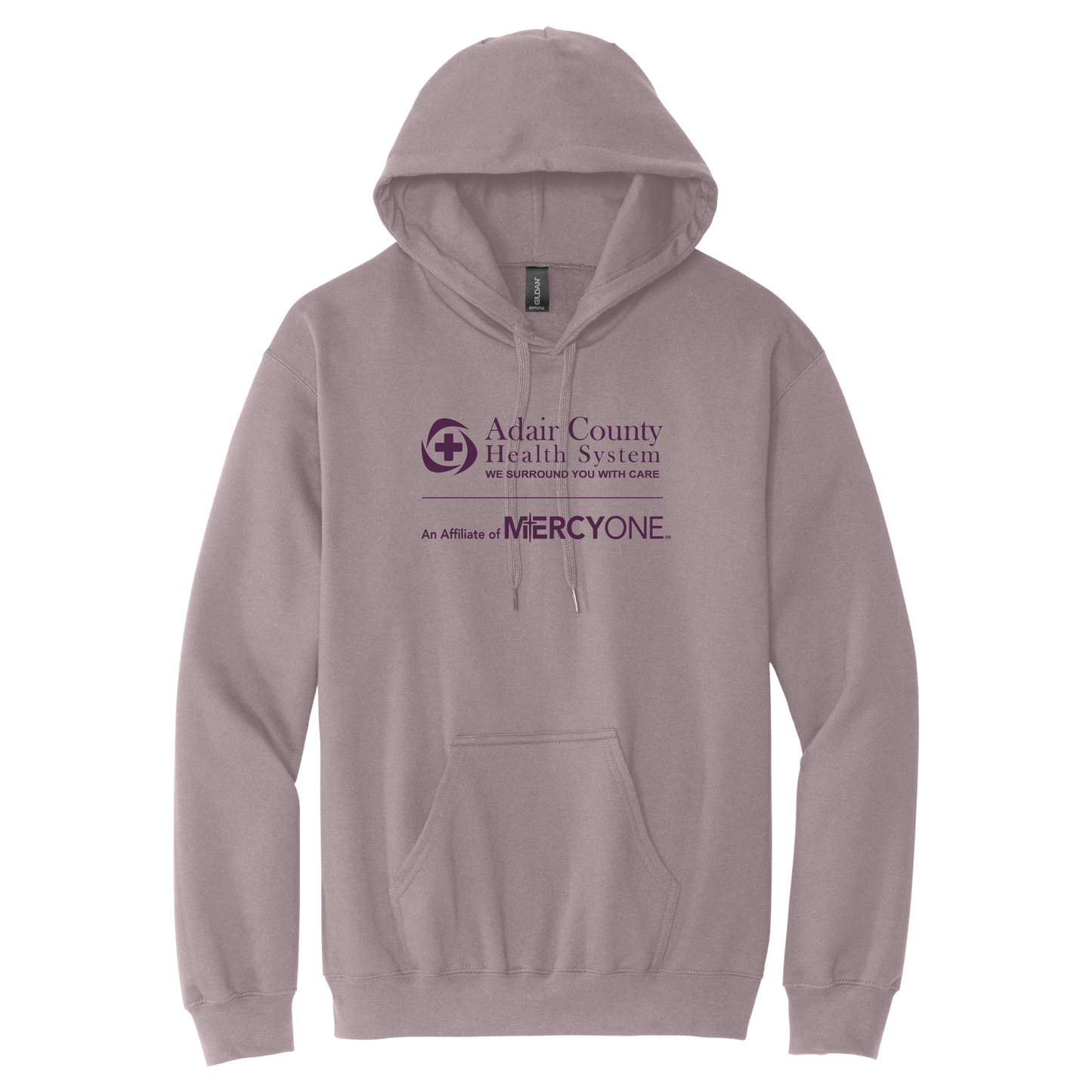 Mauve hoodie with 'Adair County Health System' and 'Mercy One' logos on a white background