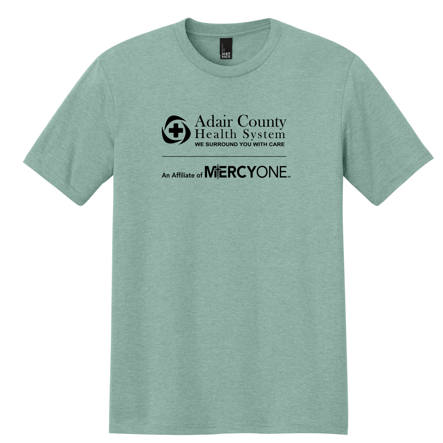 Green t-shirt with Adair County Health System and MercyOne logo on a white background