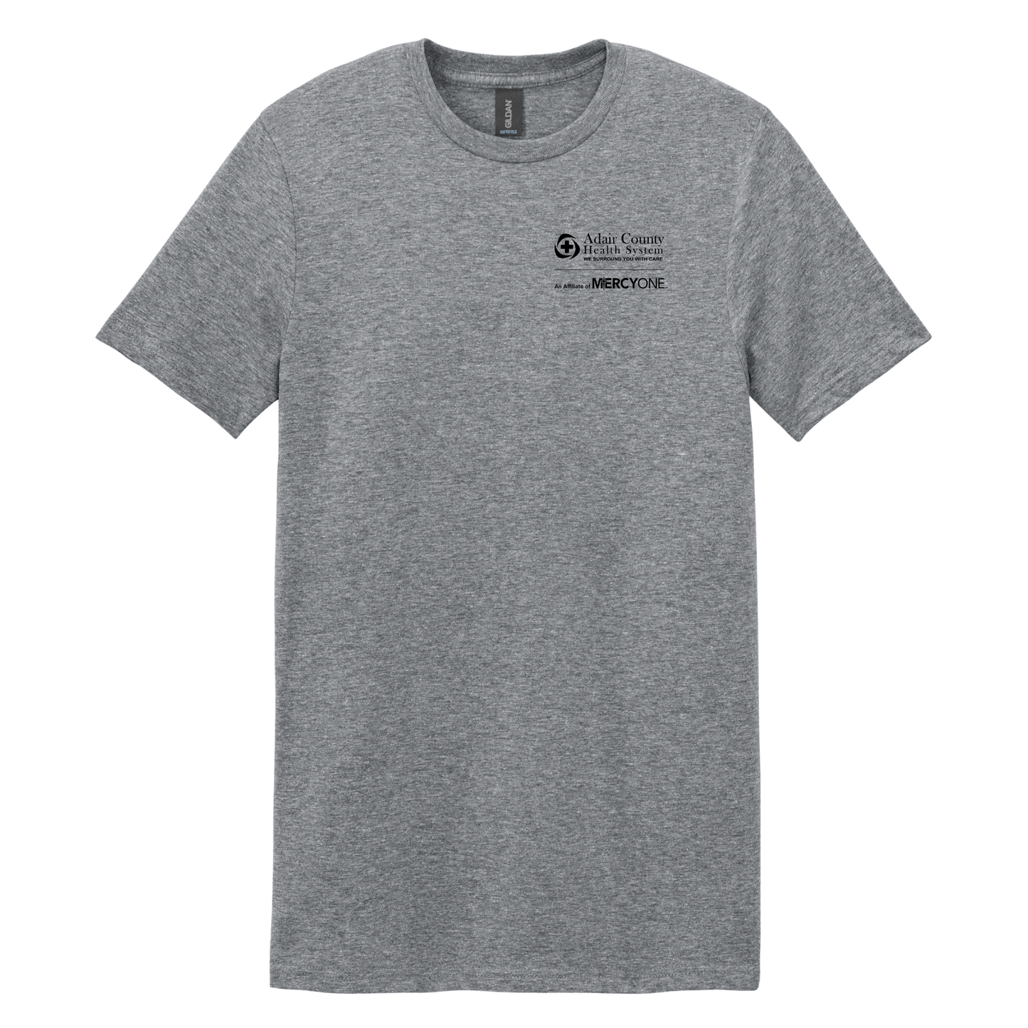 Gray t-shirt with a logo on the chest against a white background