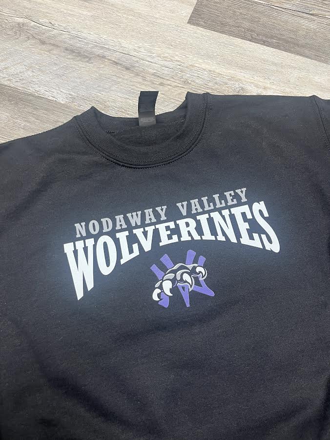 Black sweatshirt with Nodaway Valley Wolverines text & logo on the front