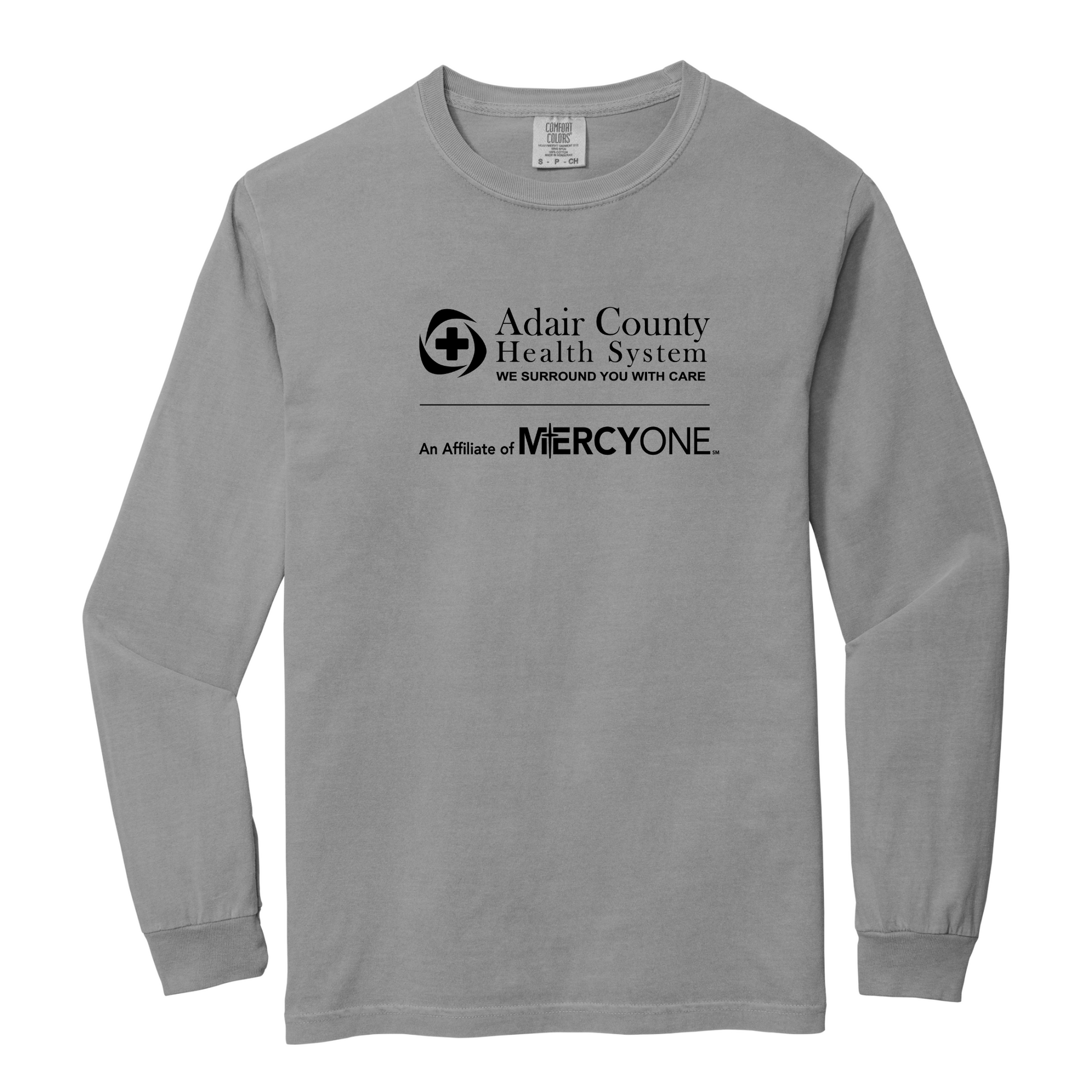 Gray long-sleeve shirt with Adair County Health System and MercyOne logo on a white background