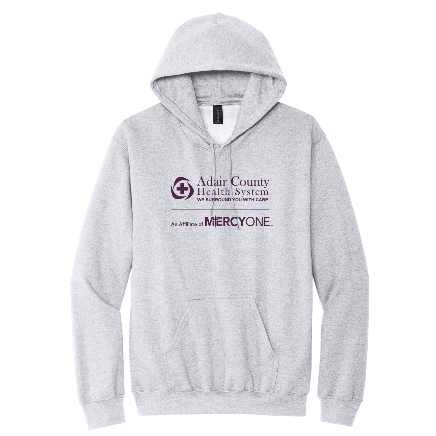 Gray hoodie with Adair County Health System and MercyOne logo on a white background