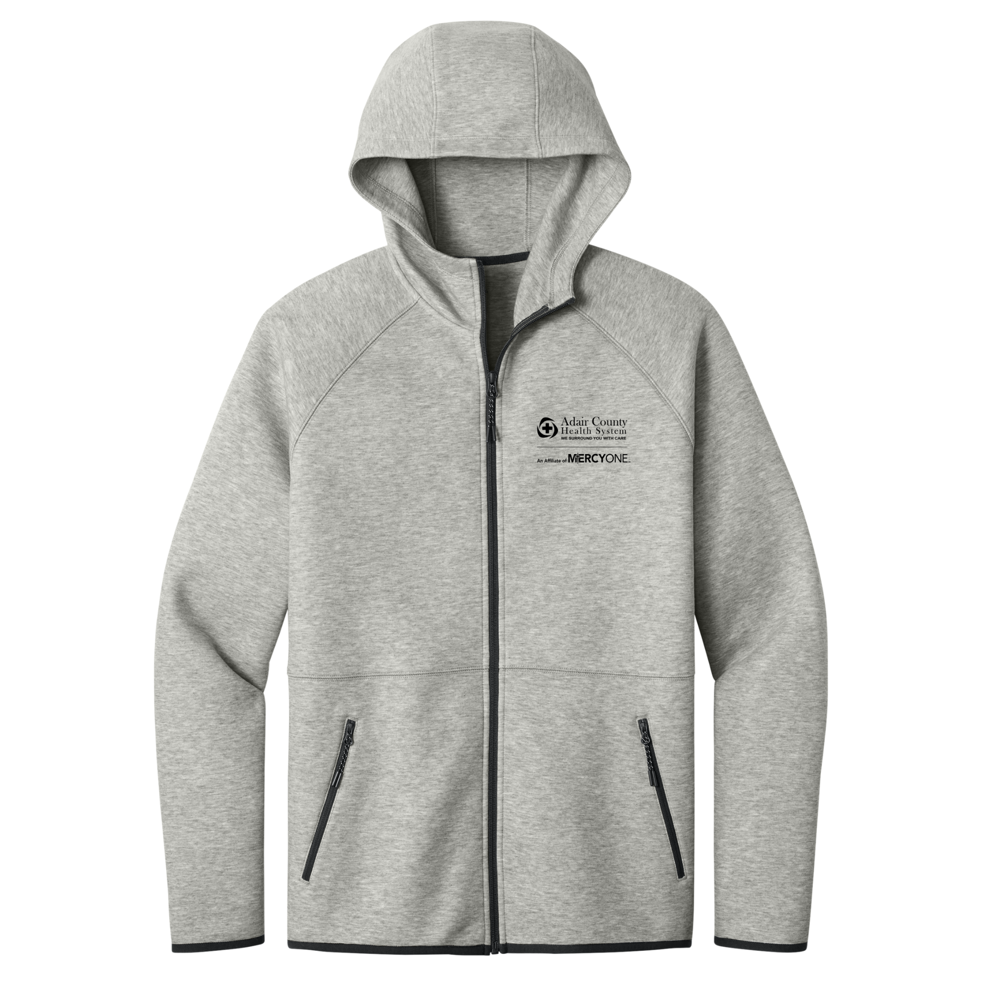 Gray hoodie with a logo on a white background