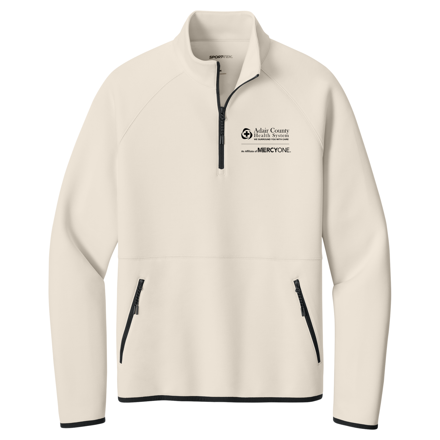 Beige fleece jacket with black zippers on a white background