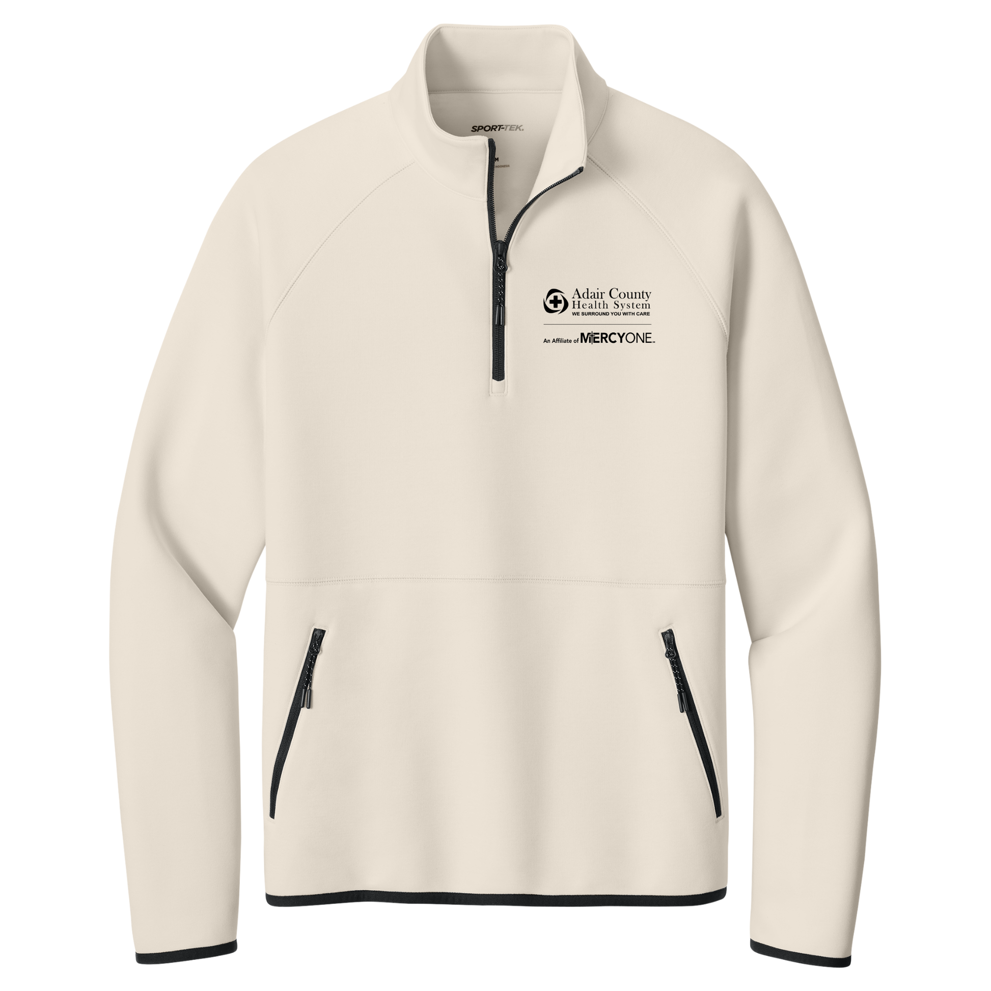 Beige fleece jacket with black zippers on a white background