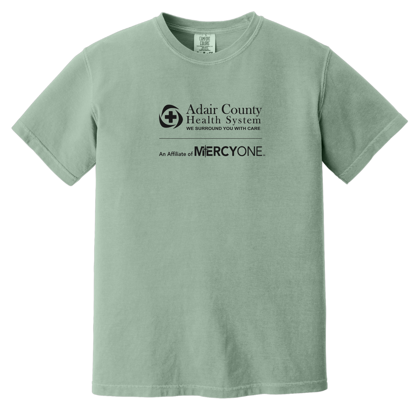 Green t-shirt with Adair County Health System and MercyOne logo on a white background