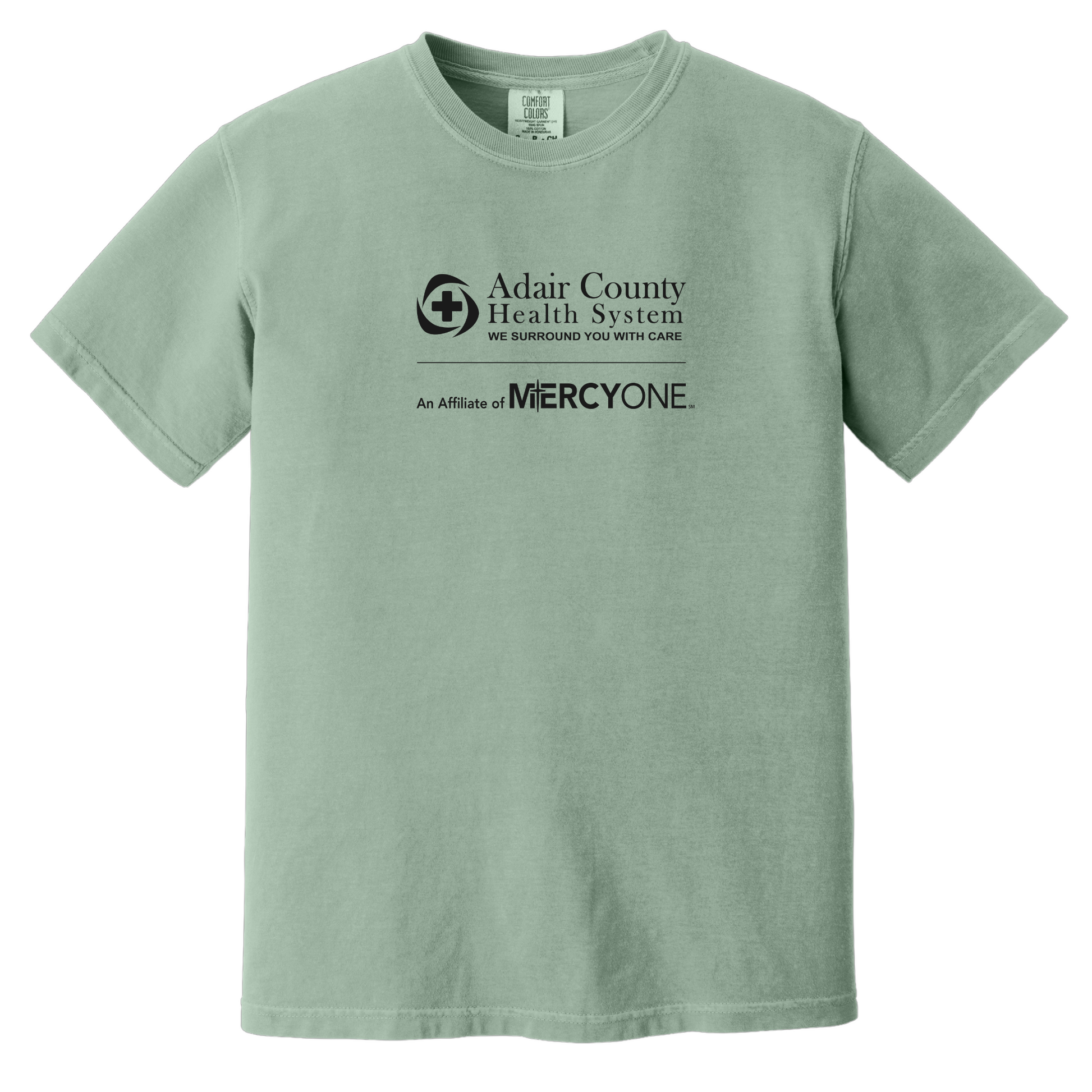 Green t-shirt with Adair County Health System and MercyOne logo on a white background