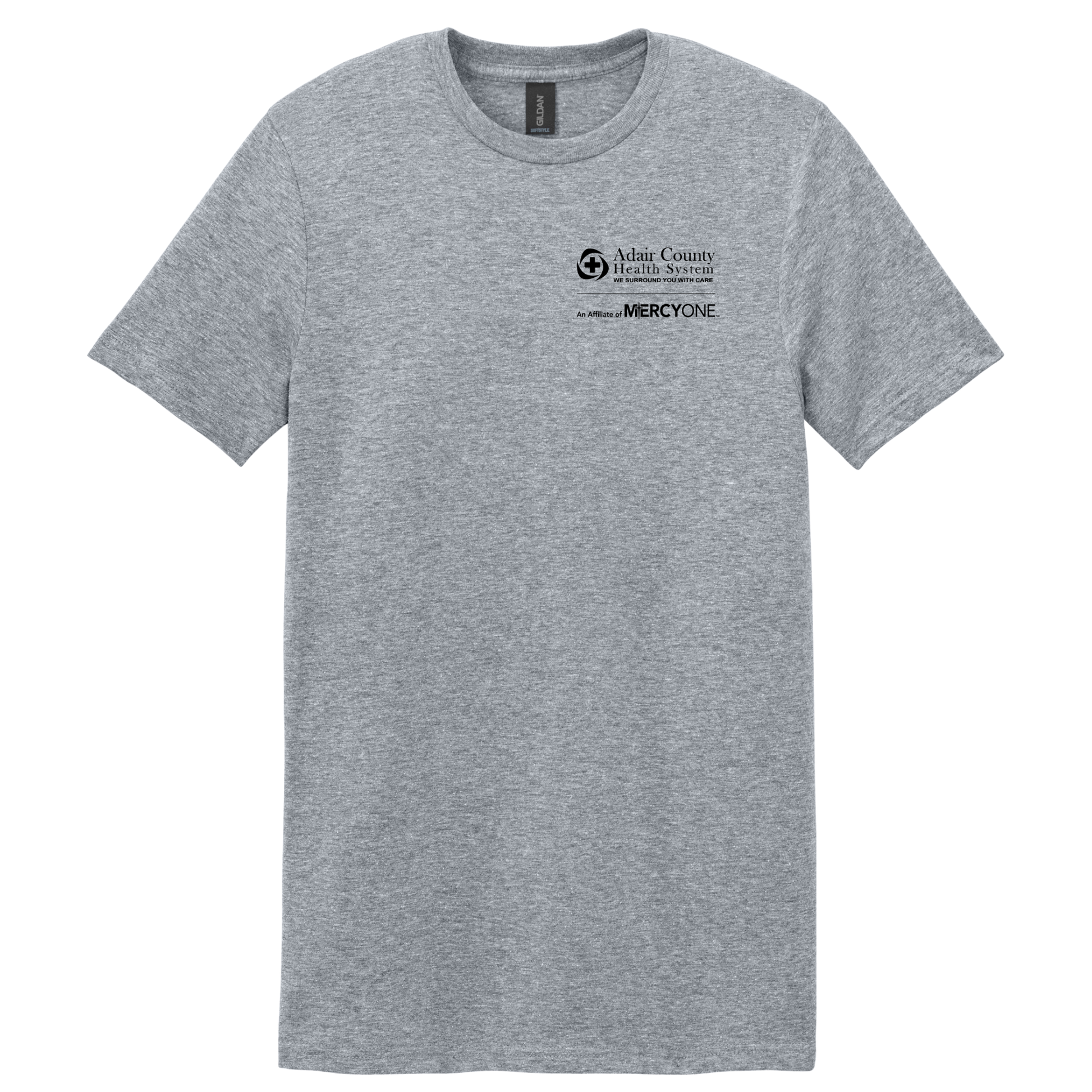 Gray t-shirt with a logo on the chest against a white background