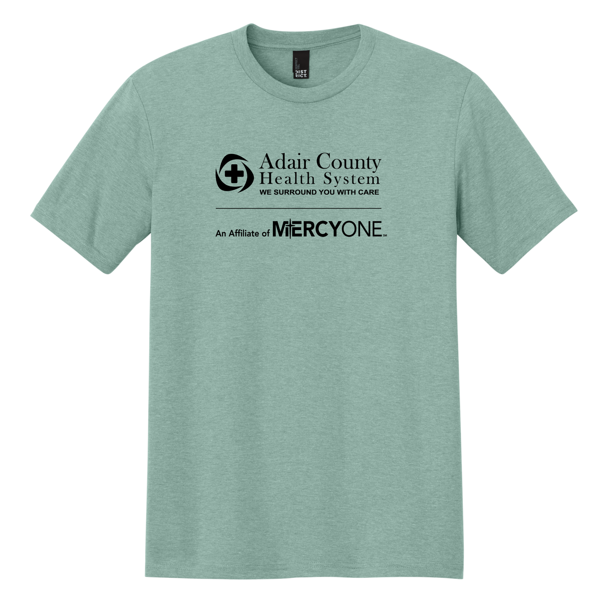 Green t-shirt with Adair County Health System and MercyOne logo on a white background