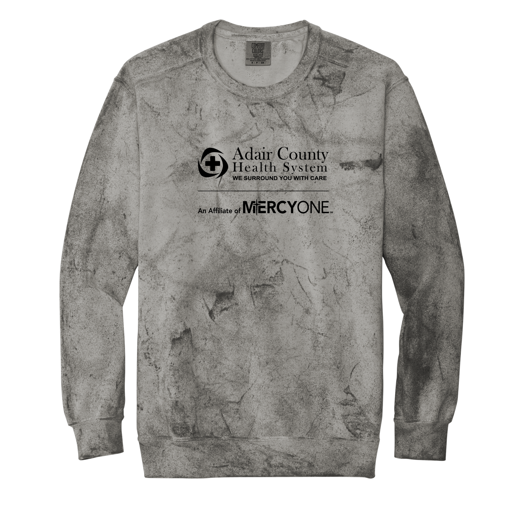 Gray sweatshirt with Adair County Health System and MercyOne logo on a white background