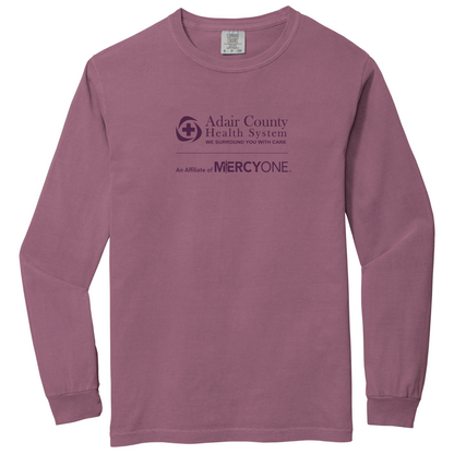 Purple long-sleeve shirt with Adair County Health System and MercyOne logo on a white background