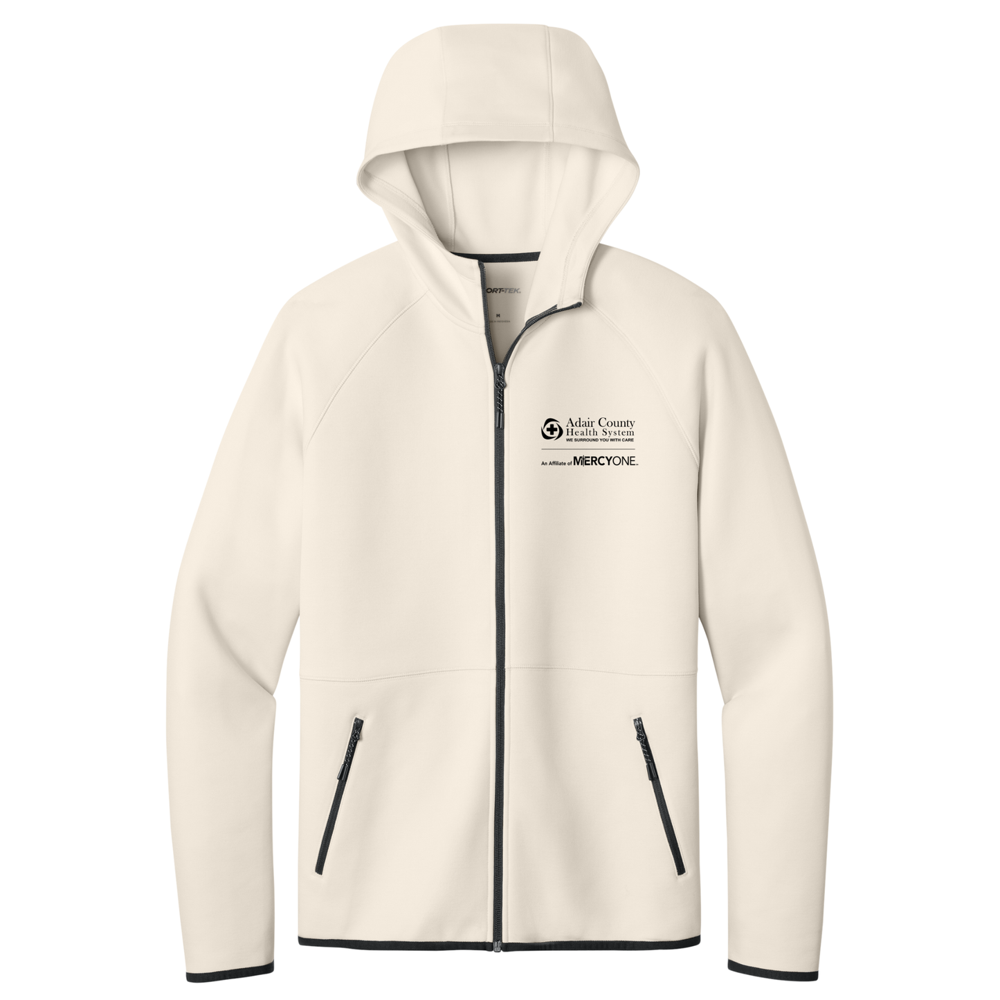 Beige fleece jacket with a logo on a white background