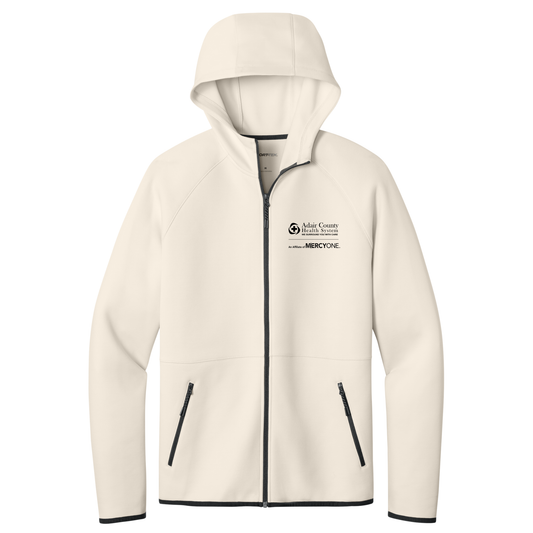 Beige fleece jacket with a logo on a white background