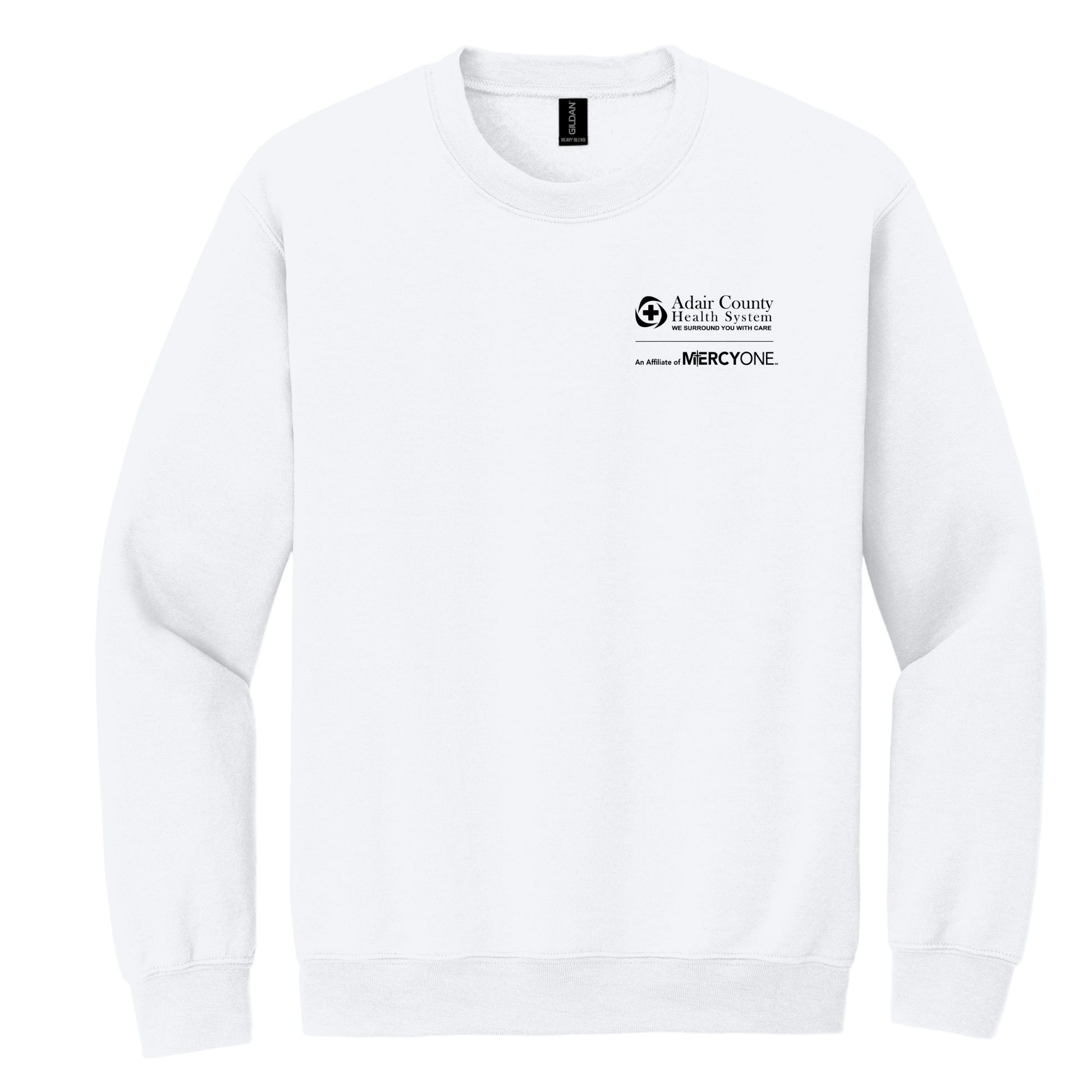 White sweatshirt with Adair County Health System print on the front left chest