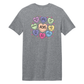 Gray t-shirt with colorful heart-shaped text on a white background
