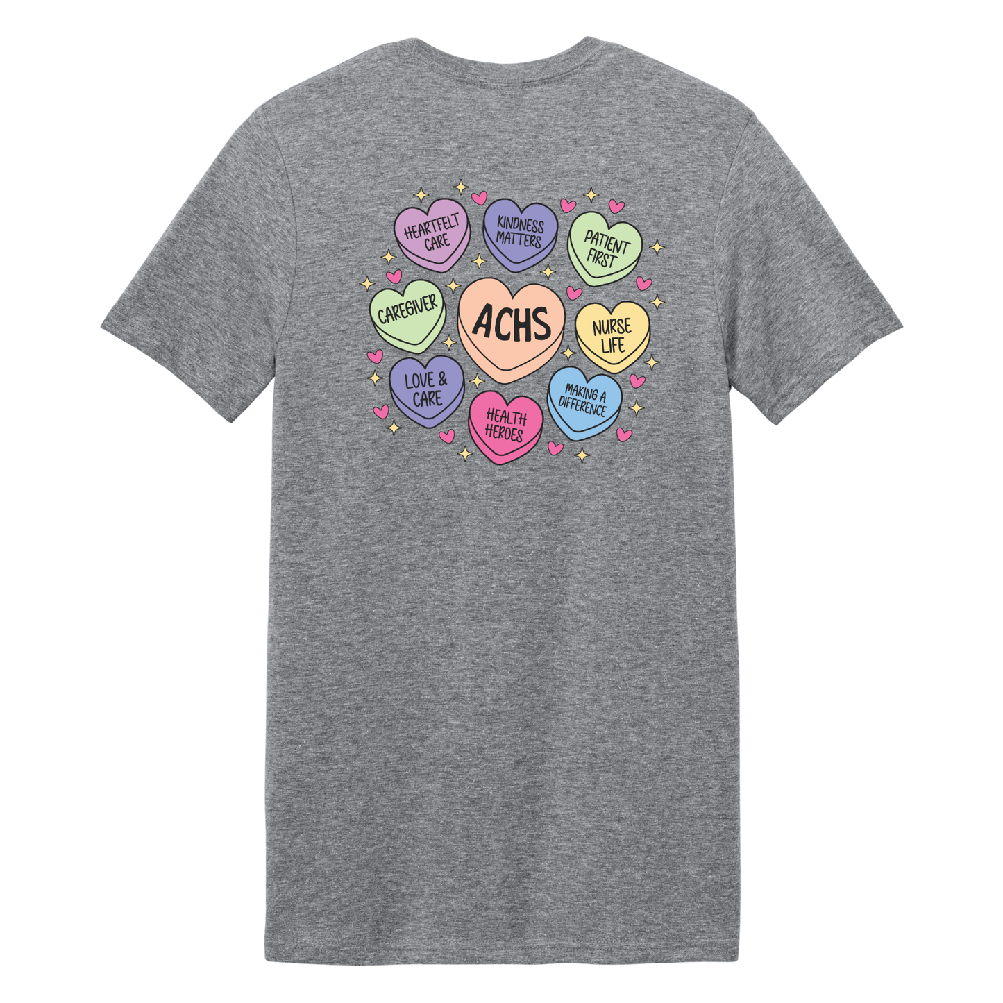 Gray t-shirt with colorful heart-shaped text on a white background