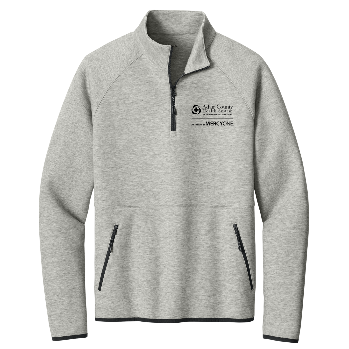 Gray pullover with a logo on a white background