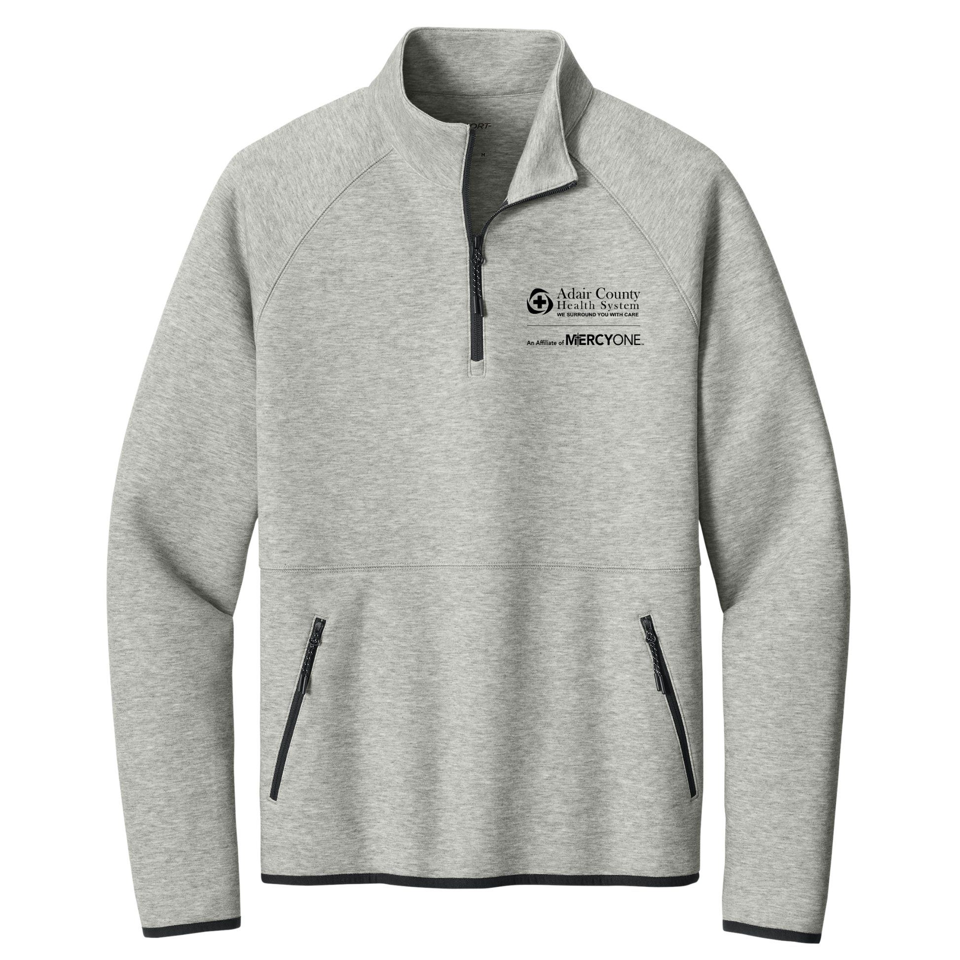 Gray pullover with a logo on a white background