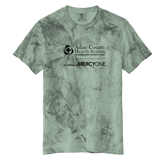 Green tie-dye t-shirt with Adair County Health System logo on a white background