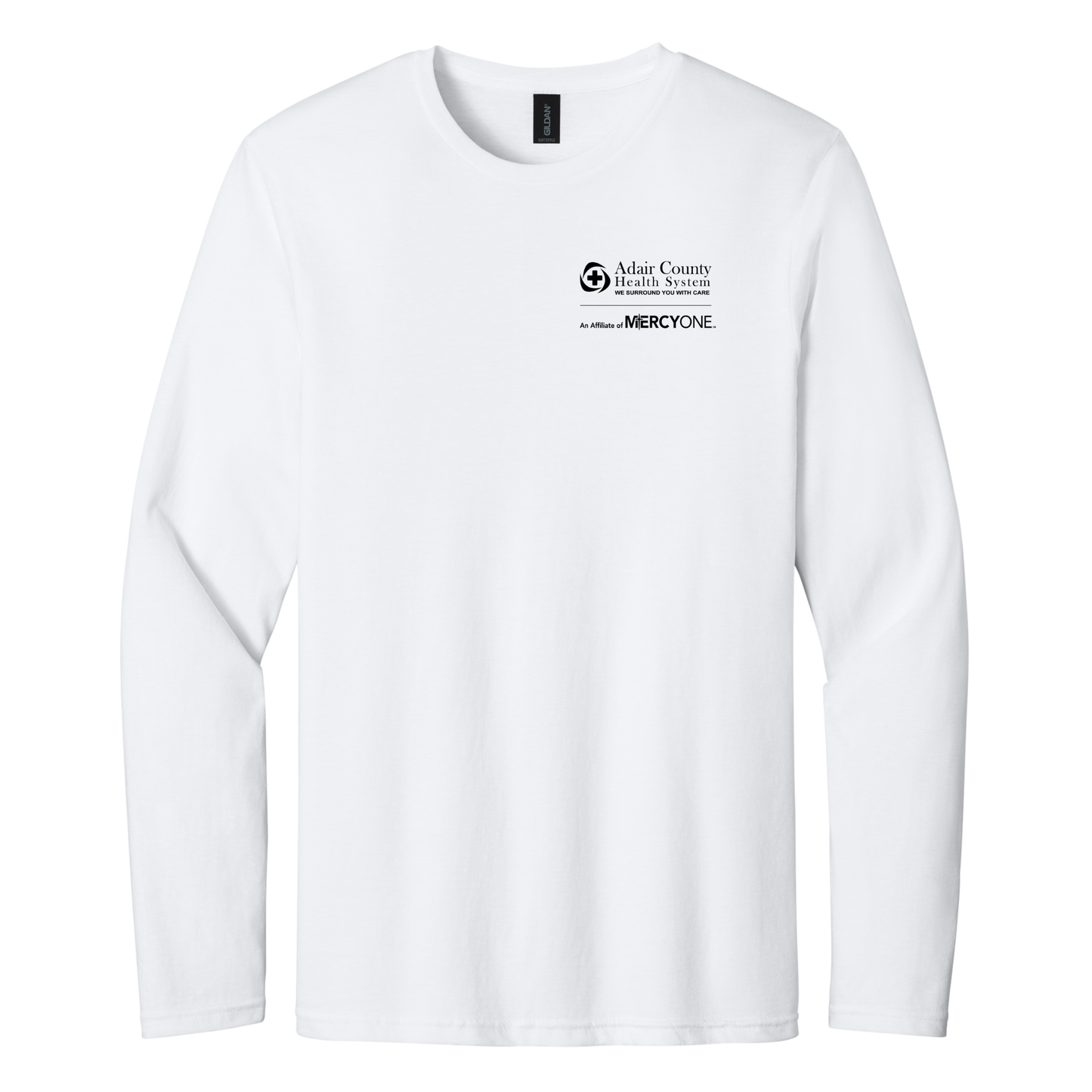 White long sleeve with Adair County Health System print on the front left chest