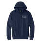 Navy blue hoodie with a logo on the chest against a white background