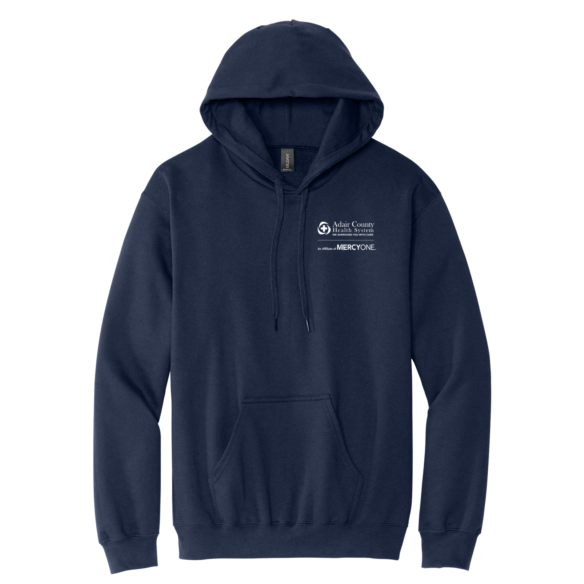 Navy blue hoodie with a logo on the chest against a white background
