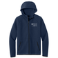 Navy blue hoodie with a logo on the chest against a white background
