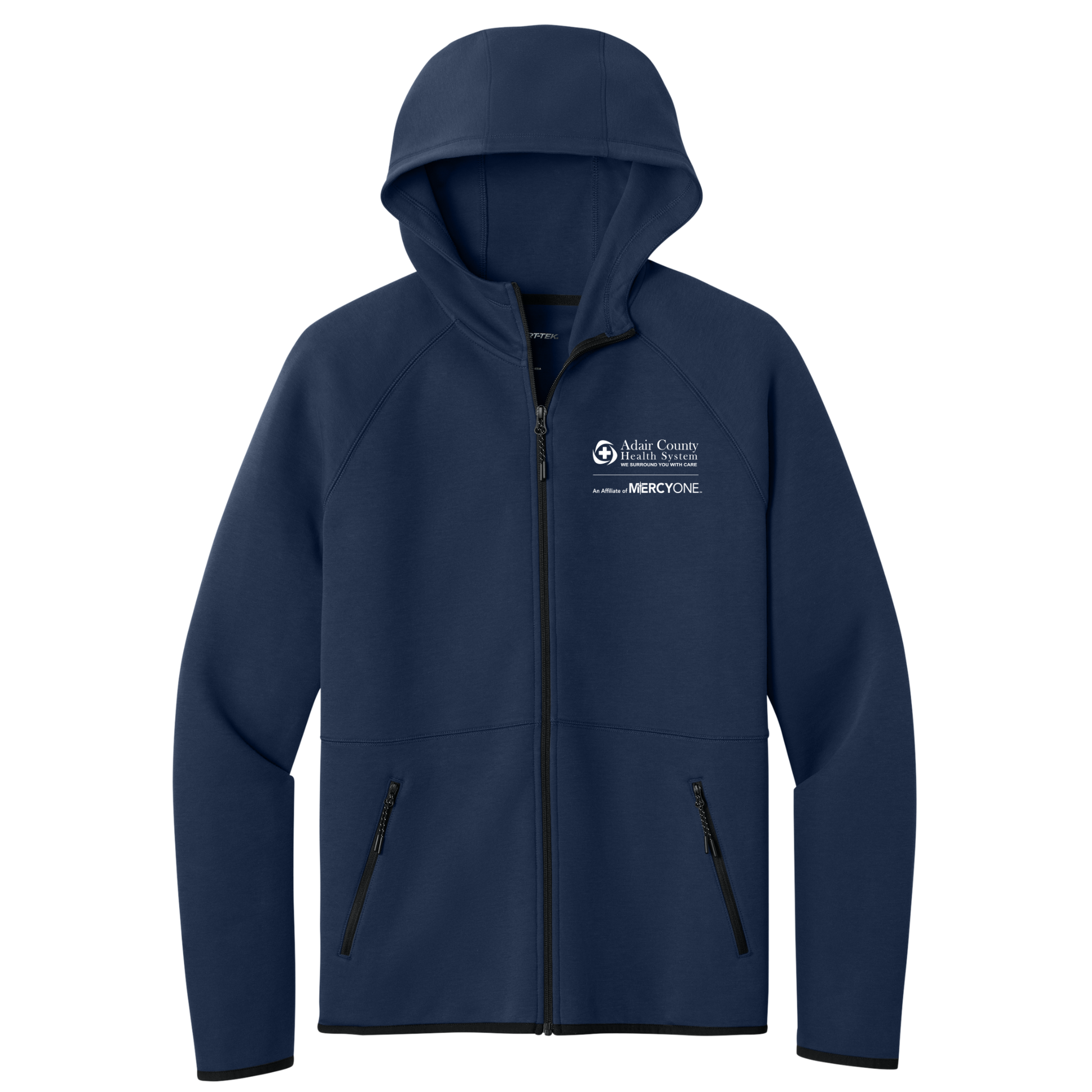 Navy blue hoodie with a logo on the chest against a white background