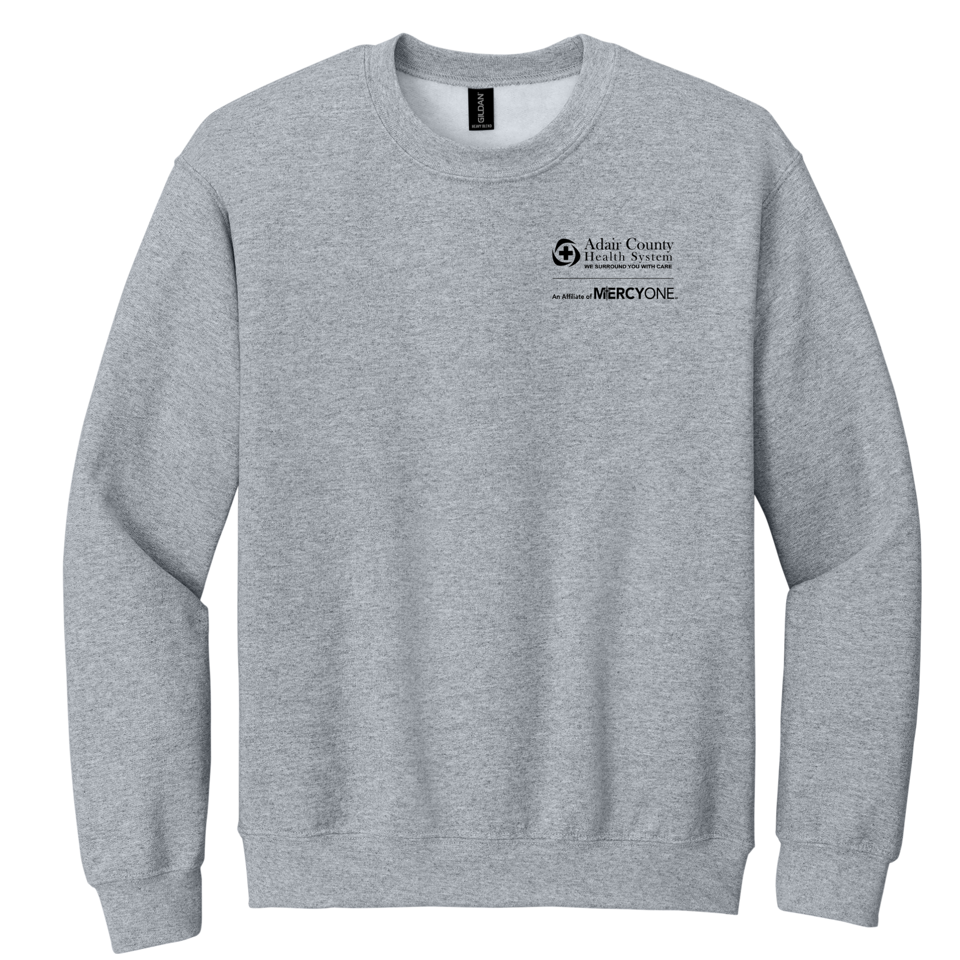 Grey sweatshirt with Adair County Health System print on the front left chest
