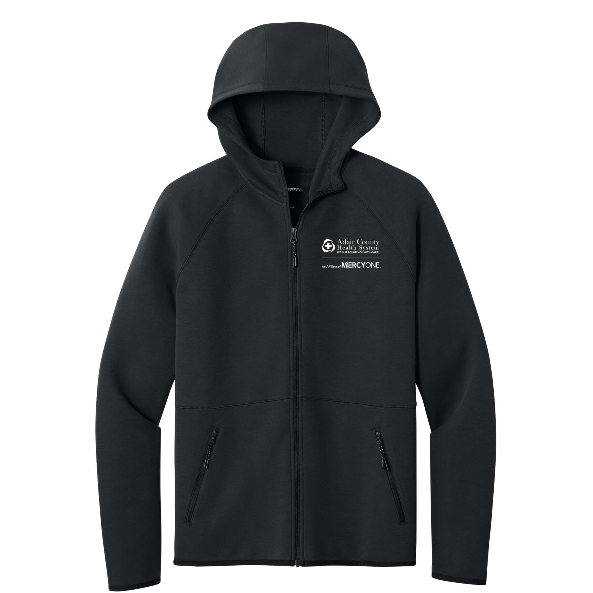 Black hoodie with a logo on the chest on a white background