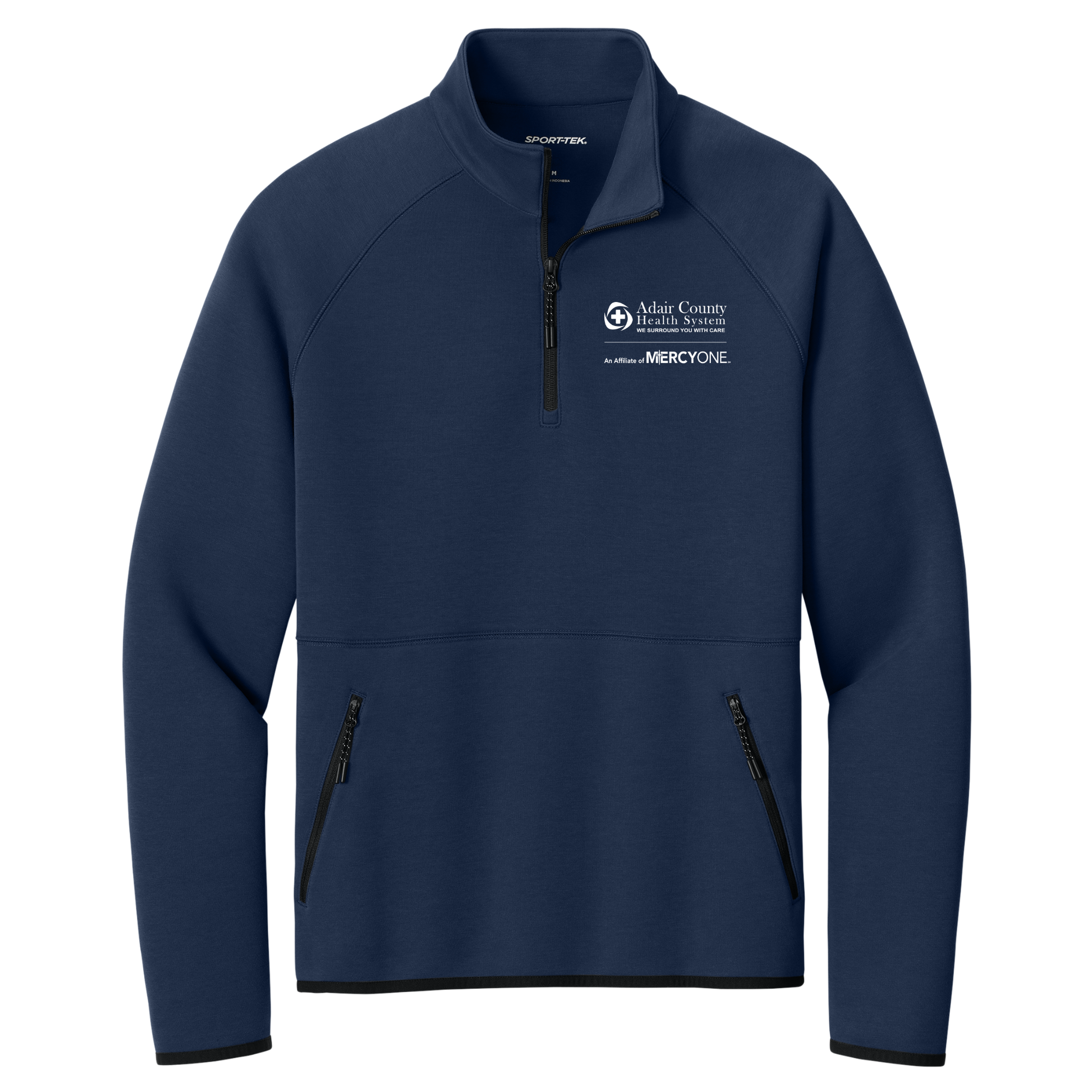 Navy pullover with a logo on the chest against a white background