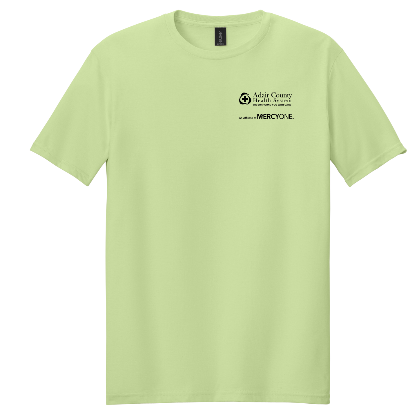Light green t-shirt with a logo on the chest against a white background