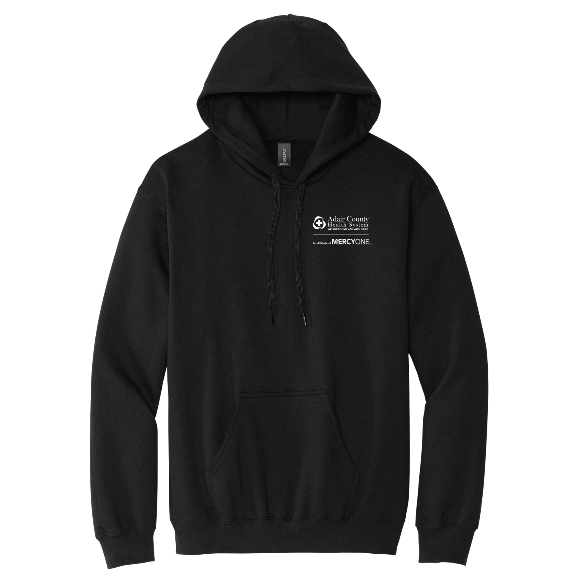 Black hoodie with white text and logos on a white background