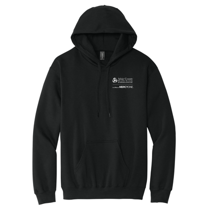 Black hoodie with white text and logos on a white background