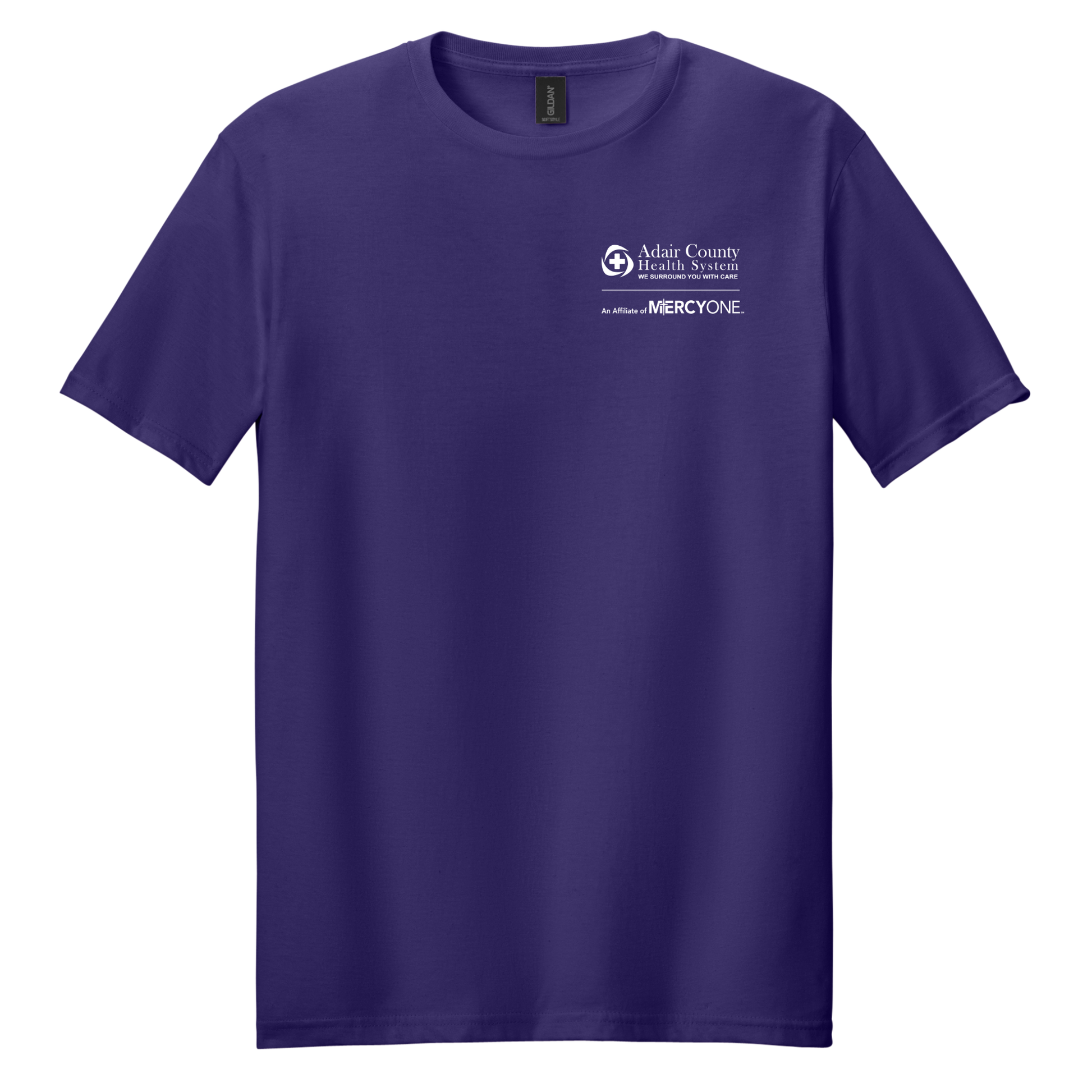 Purple t-shirt with a logo on the chest against a white background