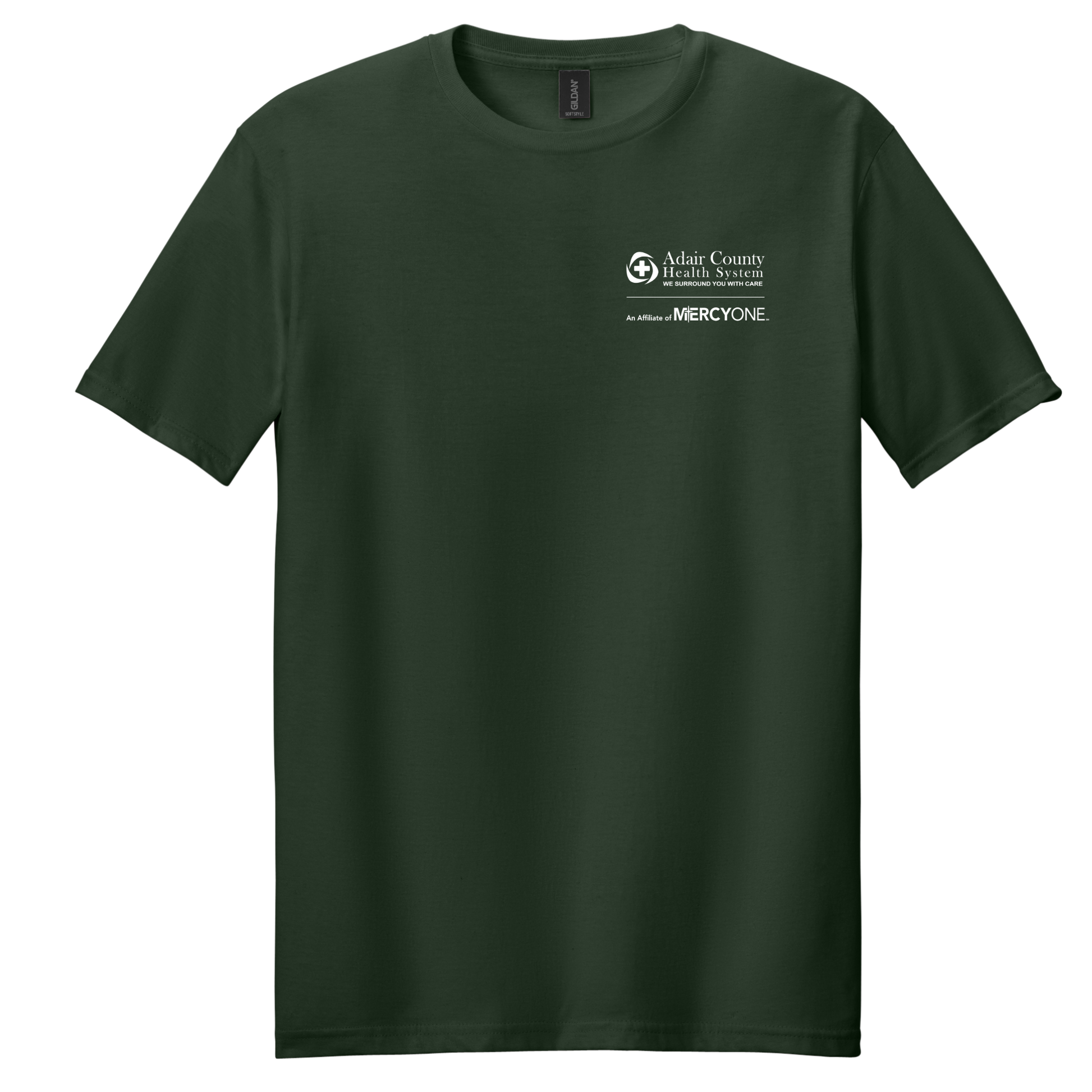 Green t-shirt with a logo and text on a white background