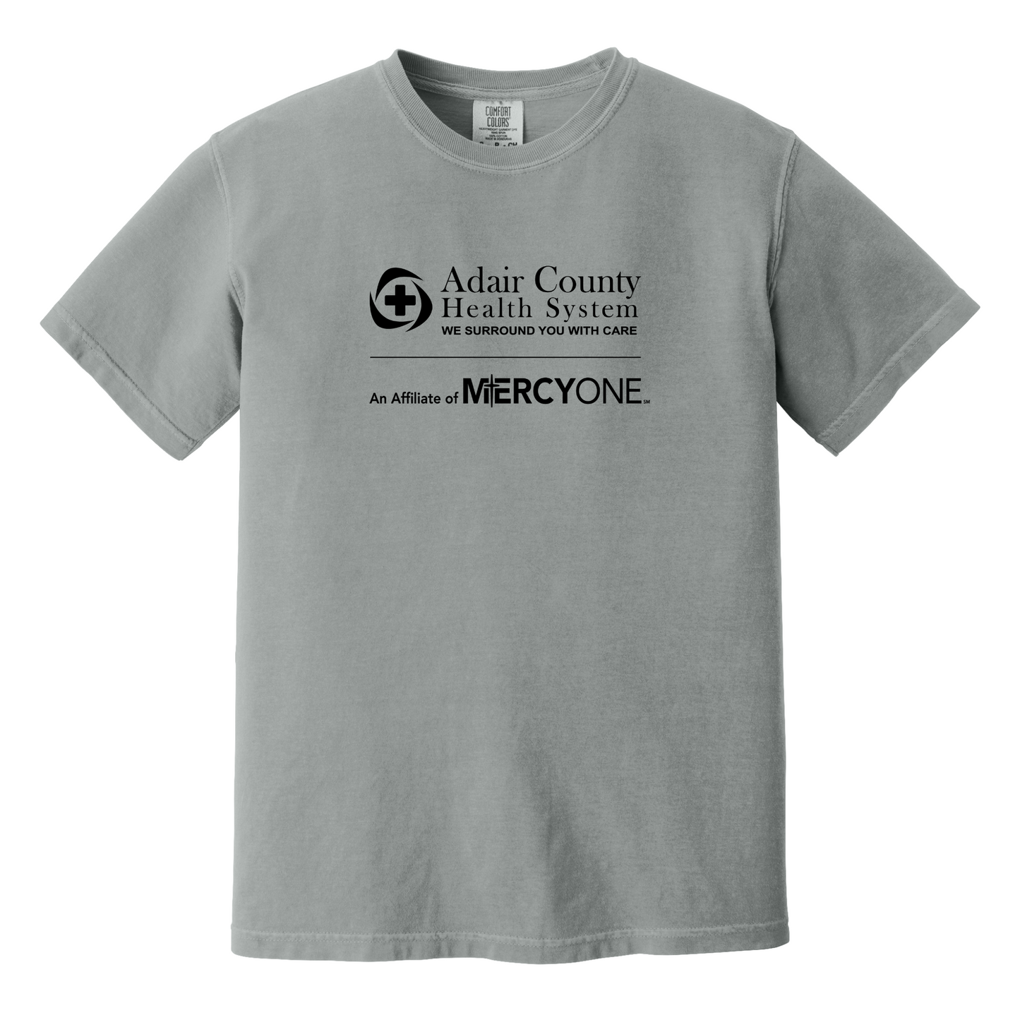 Gray t-shirt with Adair County Health System and MercyOne logo on a white background