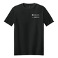 Black t-shirt with white text and logos on a white background