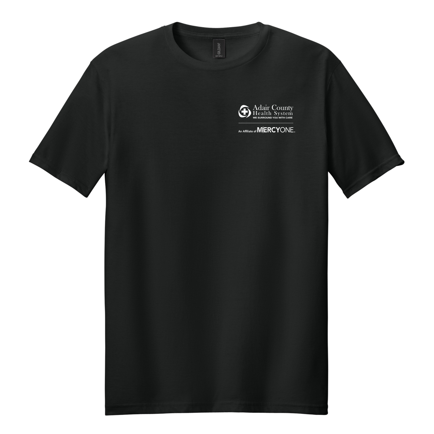 Black t-shirt with white text and logos on a white background