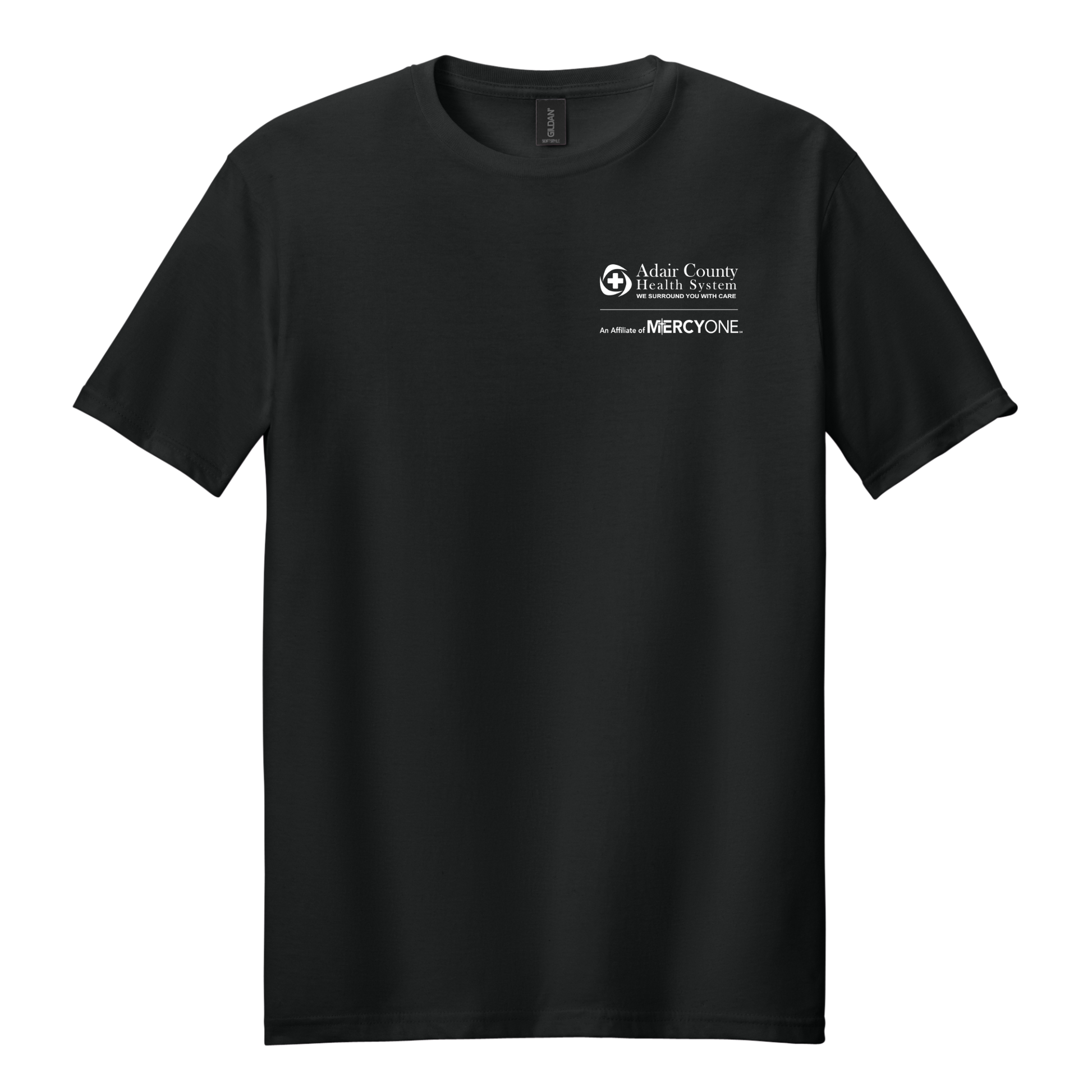 Black t-shirt with white text and logos on a white background