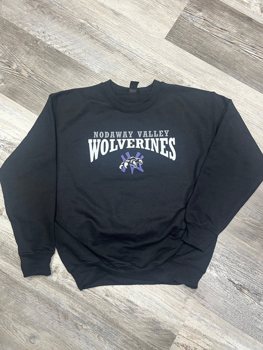 Black sweatshirt with 'Wolverine Nodaway Valley' text on a wooden floor