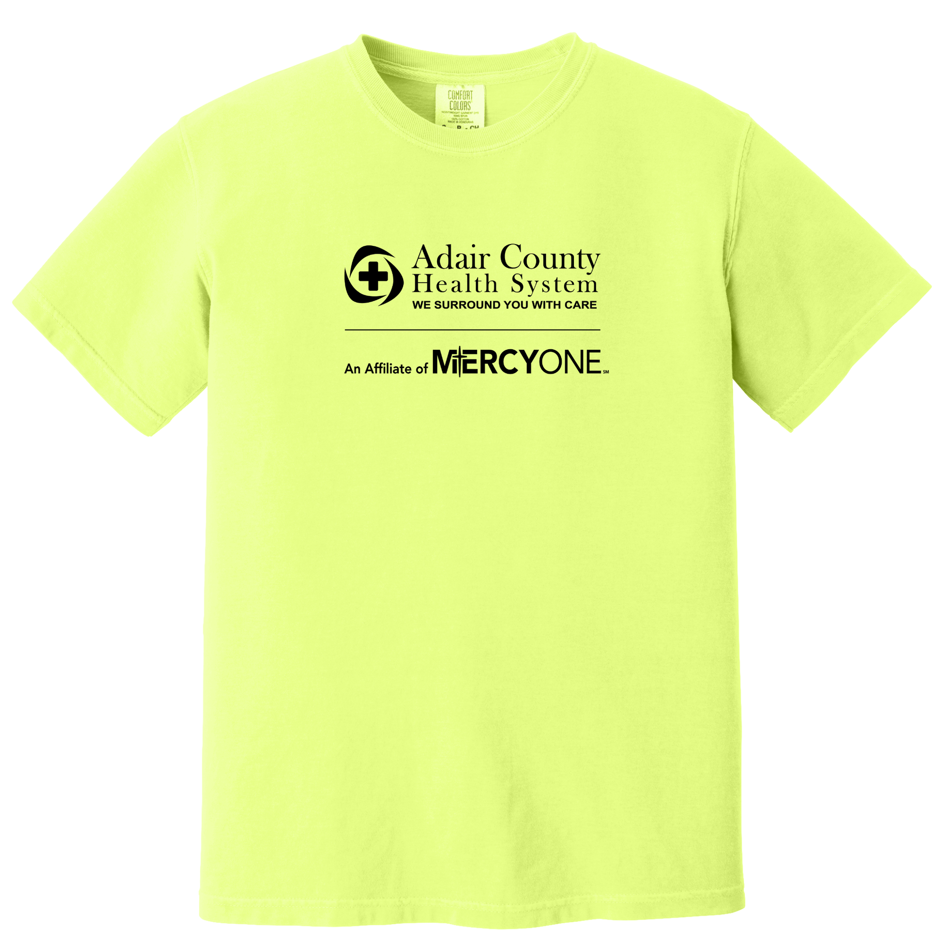Yellow t-shirt with Adair County Health System and MercyOne logos on a white background