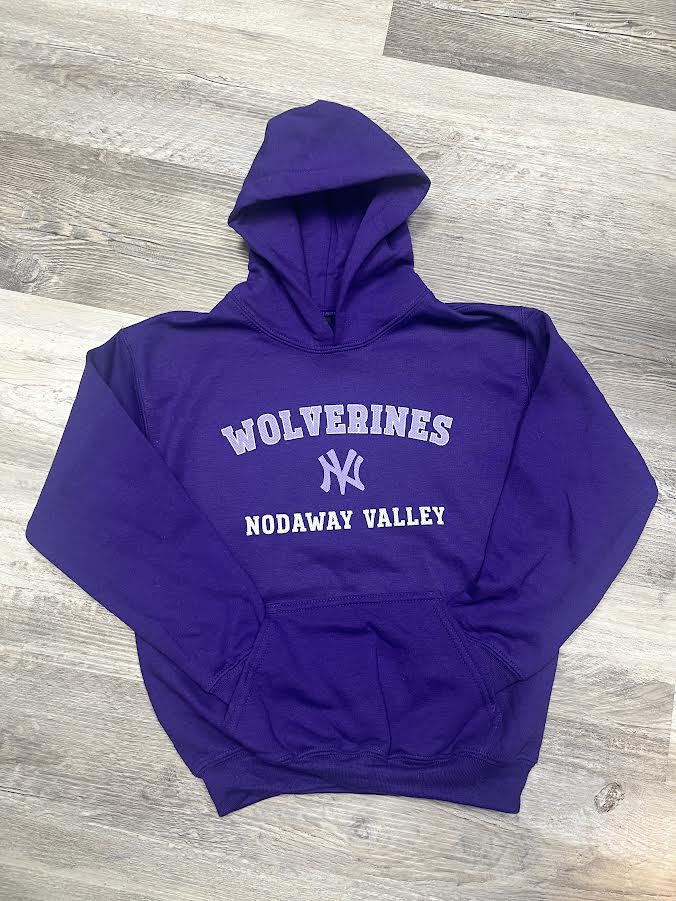 Purple hoodie with 'Wolverines Nodaway Valley' text on a wooden floor