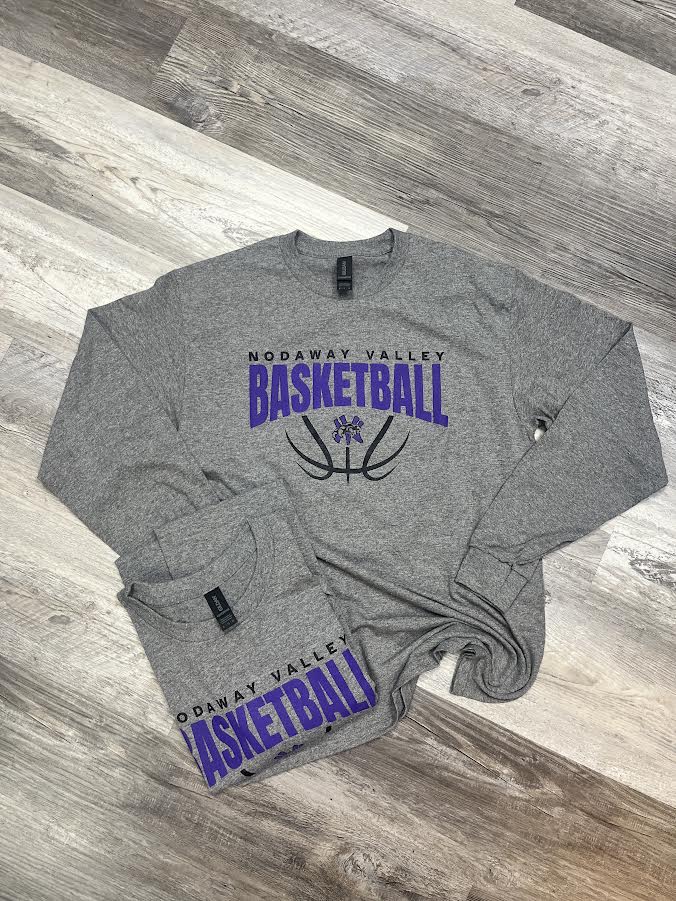 Gray long-sleeve shirt with 'Nodaway Valley Basketball' text on a wooden surface