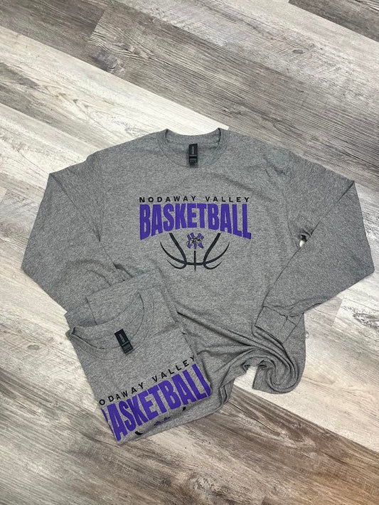 Gray long-sleeve shirt with 'Nodaway Valley Basketball' text on a wooden surface